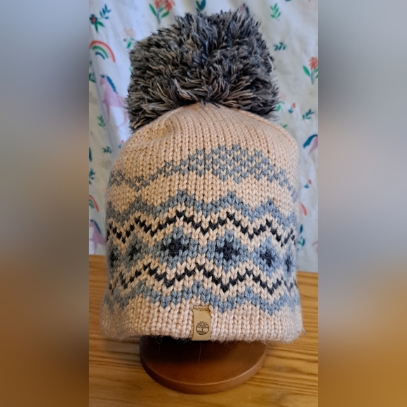 Timberland Fuzzy Pink Neutral Boho Winter Warm Beanie Hat w/ Big PomPom - Picture 1 of 6